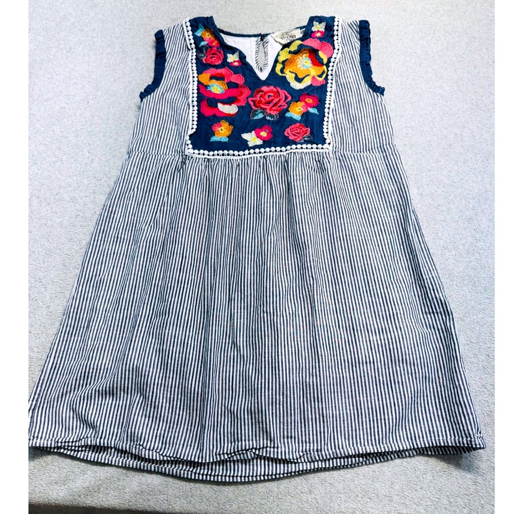 Savanna Jane Dress Womens S Blue White Stripe Embroidered Floral Boho Flowy Folk